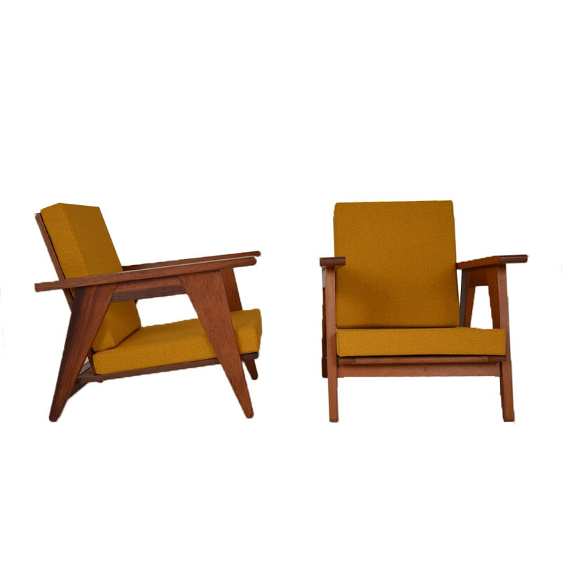 Paire de fauteuils vintage marron en bois massif, 1960