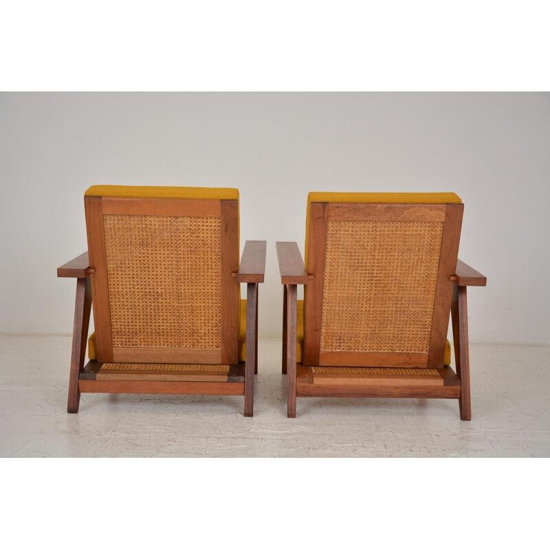 Pair of vintage brown solid wood armchairs, 1960
