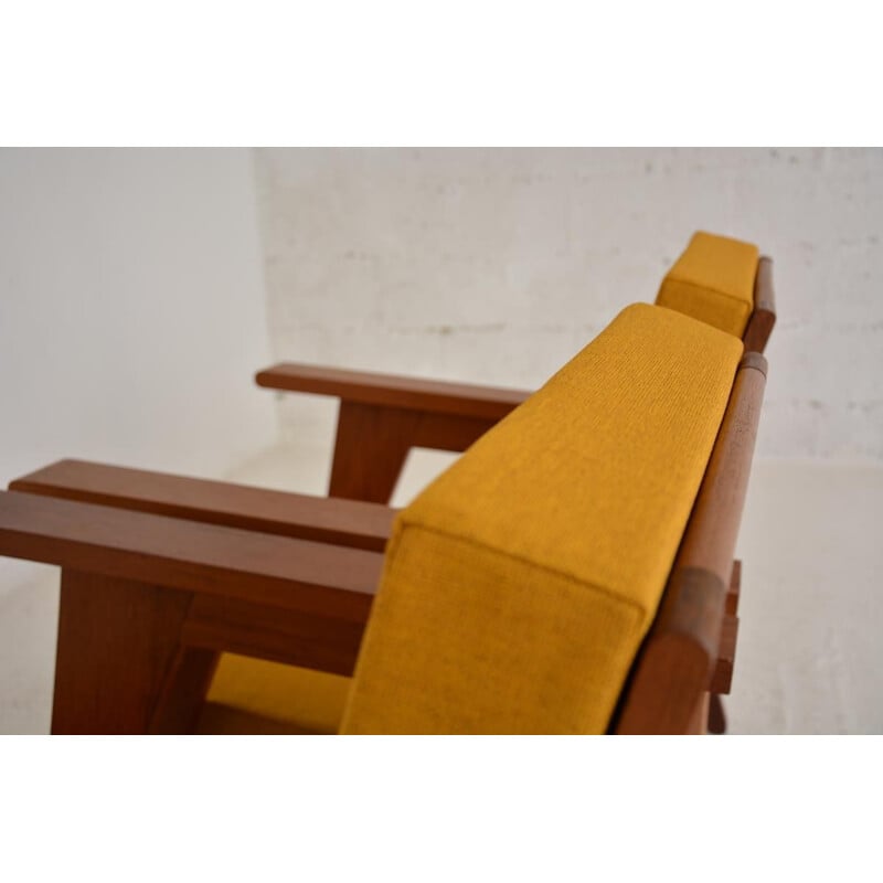 Pair of vintage brown solid wood armchairs, 1960