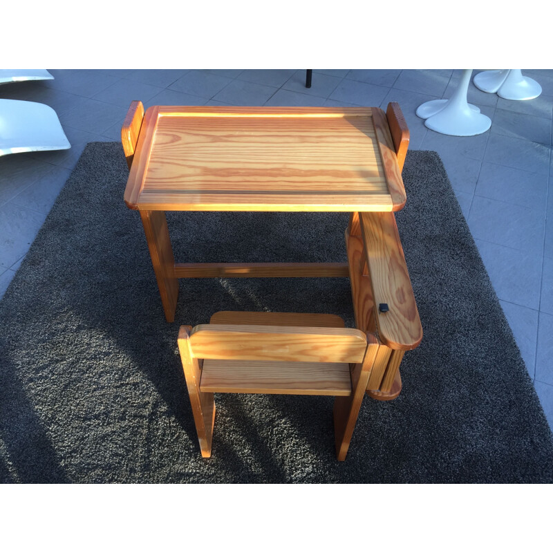 Vintage articulated children's desk with its integrated pine seat 1970