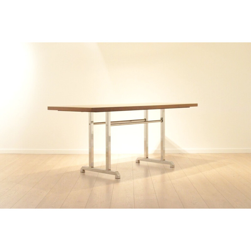 Dining table in chromed metal and wood veneer - 1970s