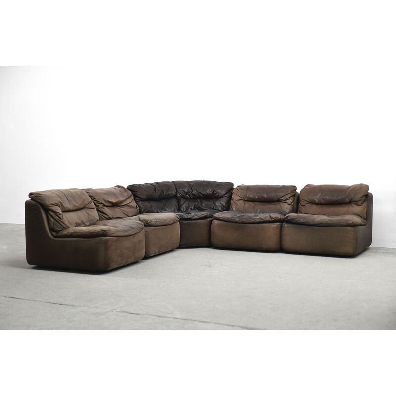 Brown leather vintage curved modular sofa by Friedrich Hill for Walter Knoll, 1970s