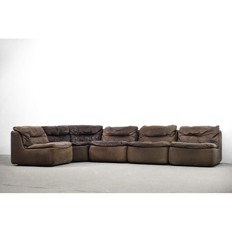 Brown leather vintage curved modular sofa by Friedrich Hill for Walter Knoll, 1970s