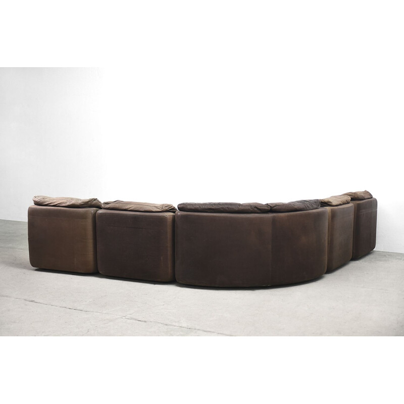 Brown leather vintage curved modular sofa by Friedrich Hill for Walter Knoll, 1970s