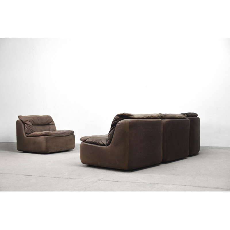 Brown leather vintage curved modular sofa by Friedrich Hill for Walter Knoll, 1970s