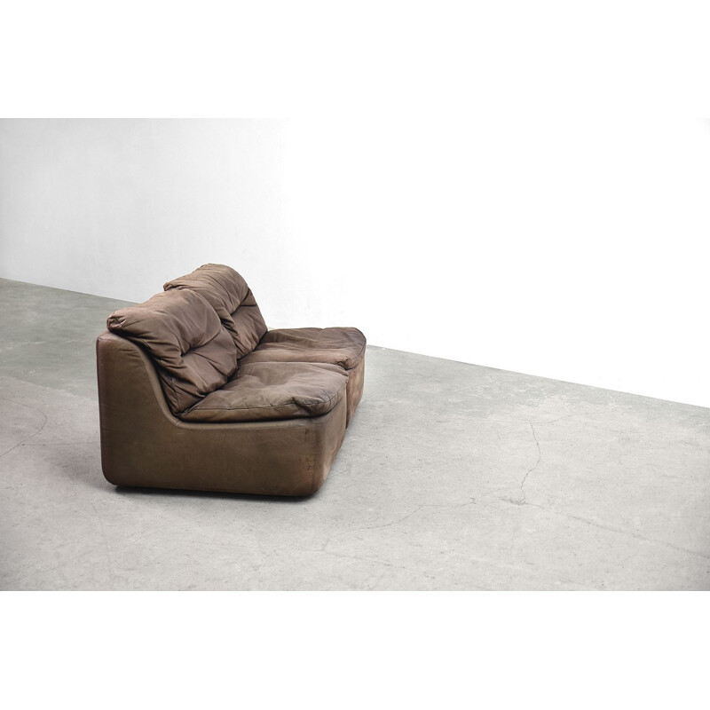 Brown leather vintage curved modular sofa by Friedrich Hill for Walter Knoll, 1970s