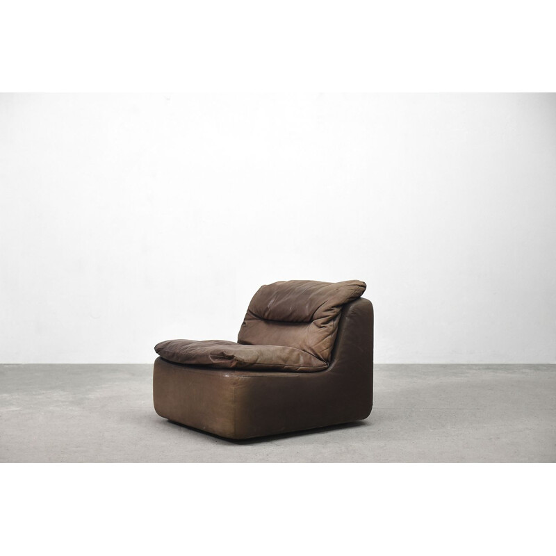 Brown leather vintage curved modular sofa by Friedrich Hill for Walter Knoll, 1970s