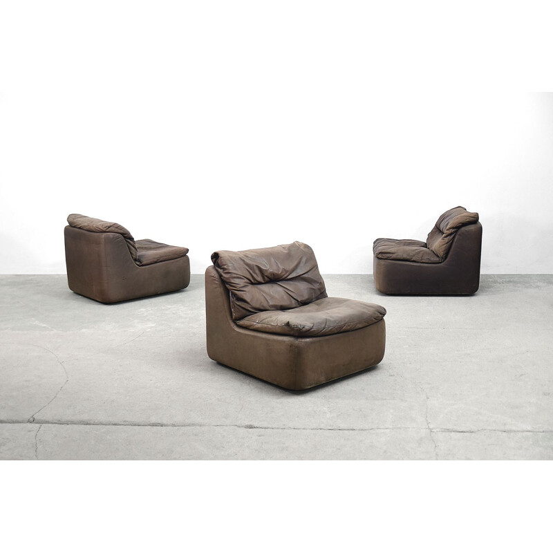 Brown leather vintage curved modular sofa by Friedrich Hill for Walter Knoll, 1970s