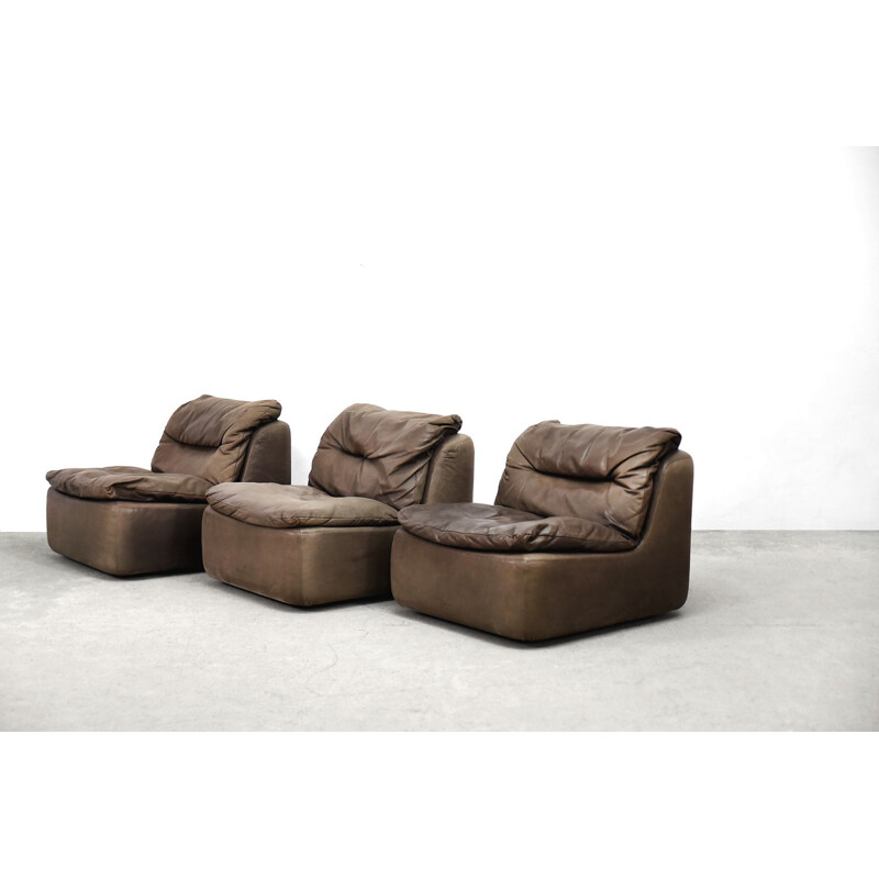 Brown leather vintage curved modular sofa by Friedrich Hill for Walter Knoll, 1970s