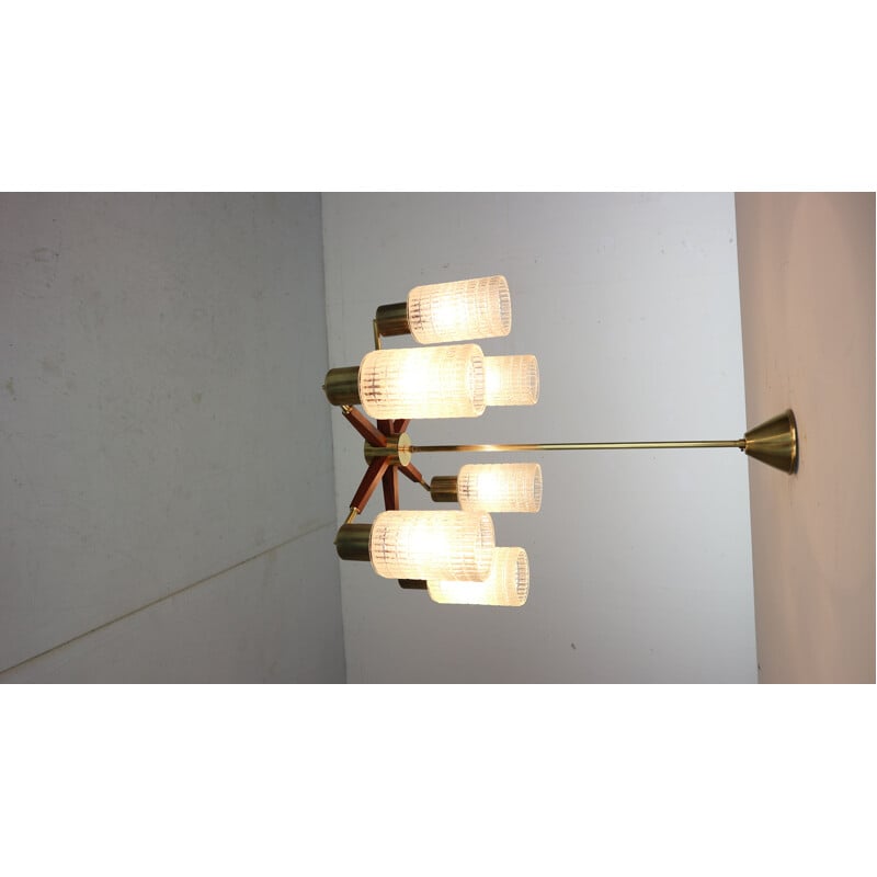 Danish Mid-Century Modern Chandelier in Teak, Brass, Cut Glass, 1960s