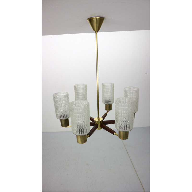 Danish Mid-Century Modern Chandelier in Teak, Brass, Cut Glass, 1960s