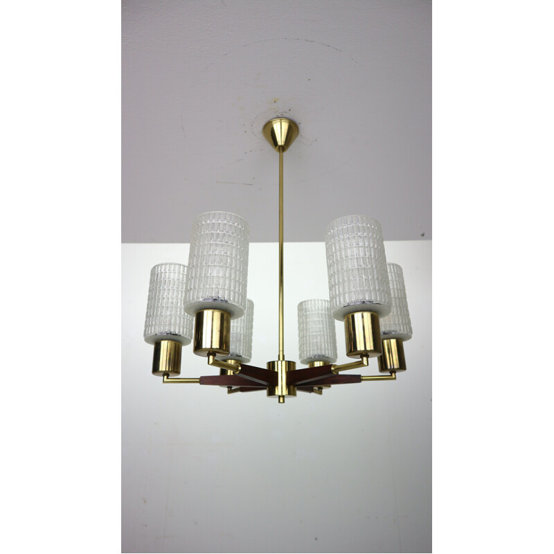 Danish Mid-Century Modern Chandelier in Teak, Brass, Cut Glass, 1960s