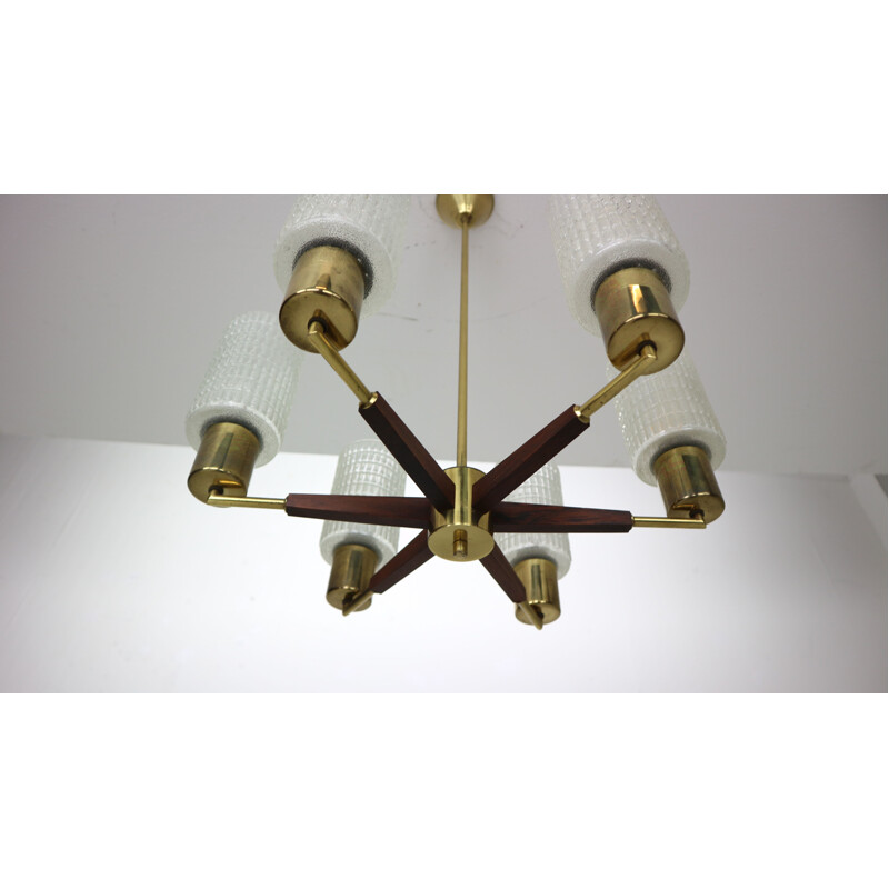 Danish Mid-Century Modern Chandelier in Teak, Brass, Cut Glass, 1960s