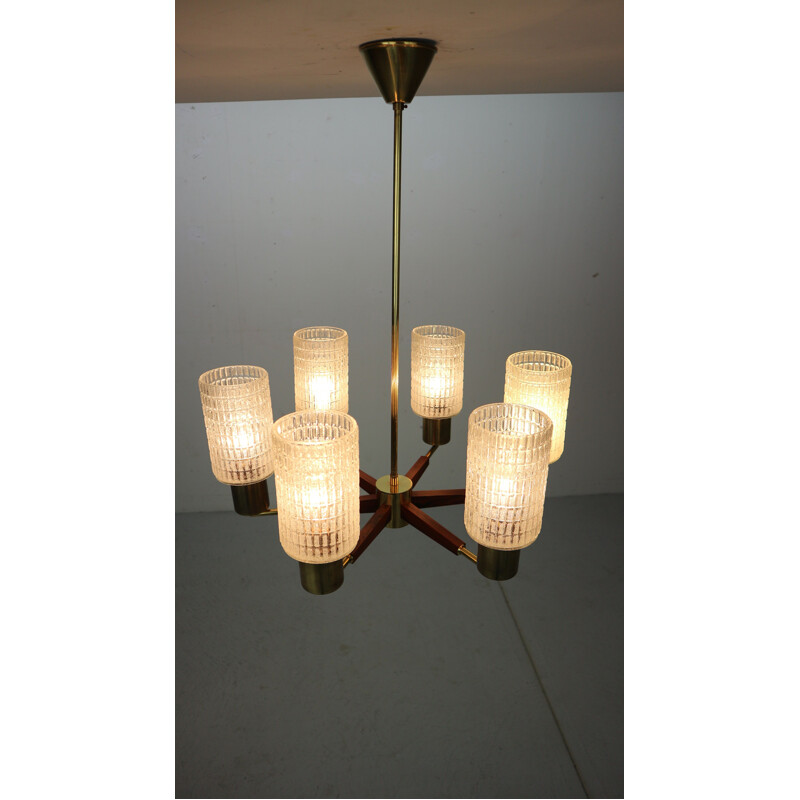 Danish Mid-Century Modern Chandelier in Teak, Brass, Cut Glass, 1960s