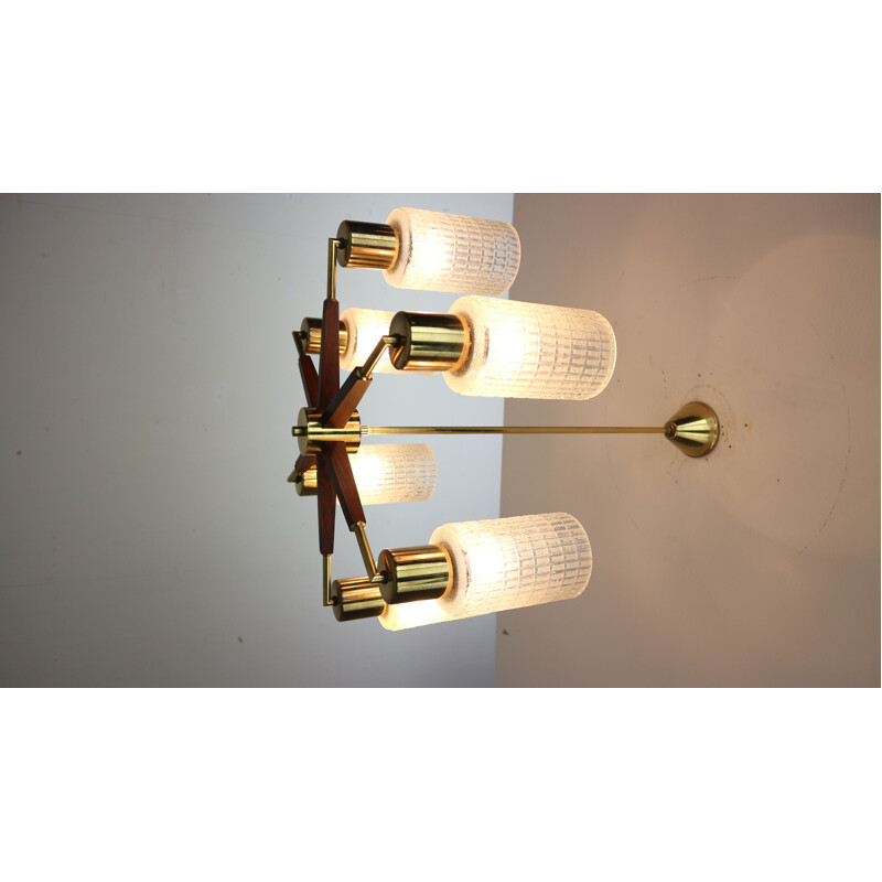 Danish Mid-Century Modern Chandelier in Teak, Brass, Cut Glass, 1960s