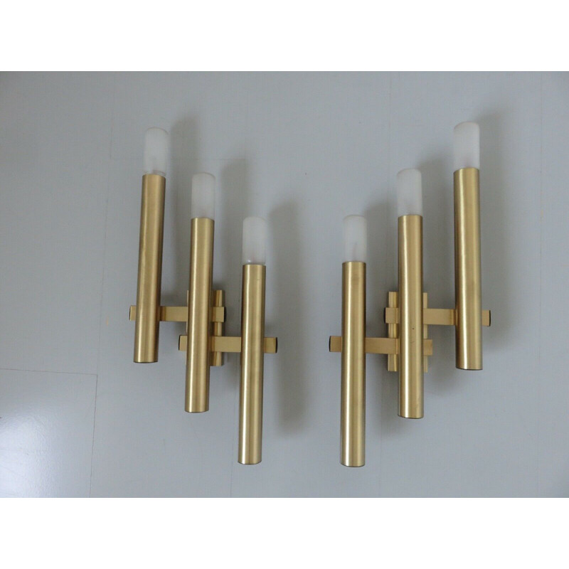 Pair of vintage wall lamps by Gaetano Sciolari in gilded brass, 1970s