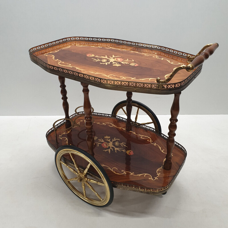 Vintage Italian brass trolley with wooden inlay, 1950