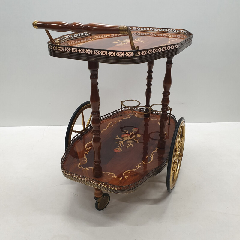 Vintage Italian brass trolley with wooden inlay, 1950