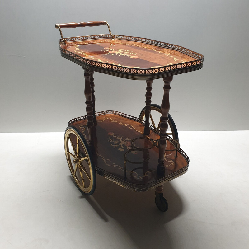 Vintage Italian brass trolley with wooden inlay, 1950