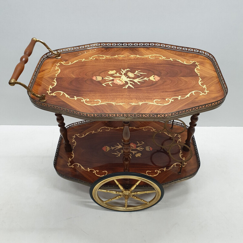 Vintage Italian brass trolley with wooden inlay, 1950