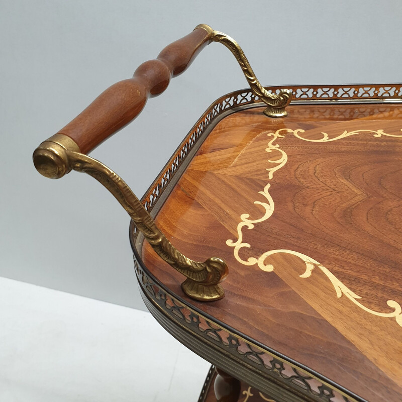 Vintage Italian brass trolley with wooden inlay, 1950