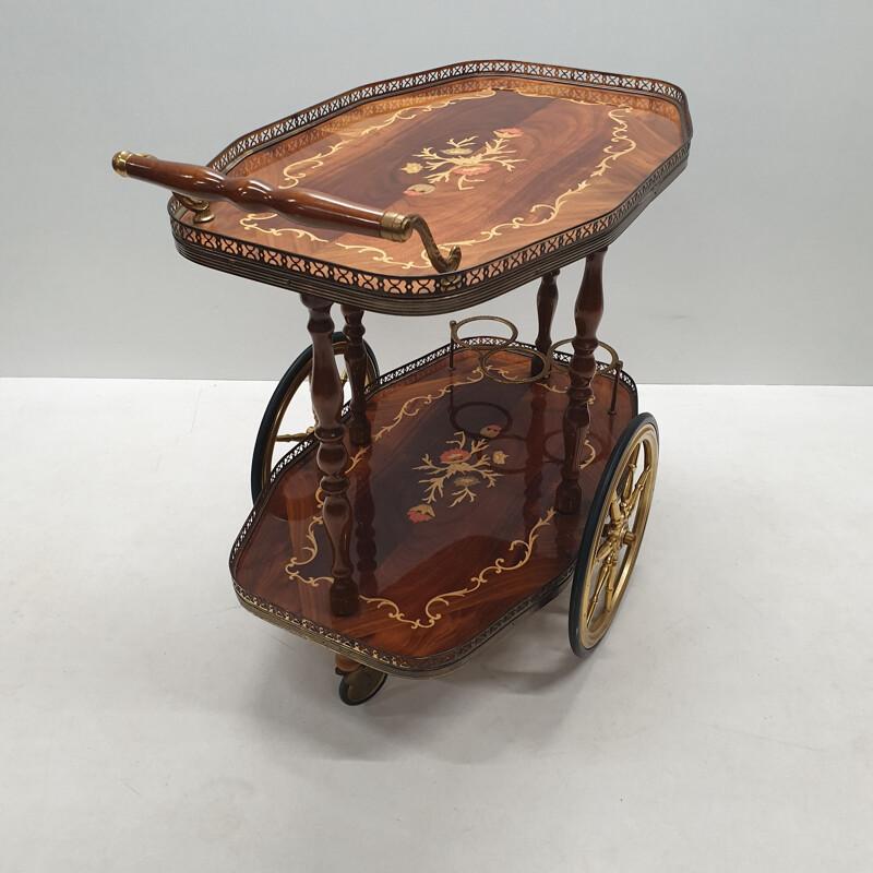 Vintage Italian brass trolley with wooden inlay, 1950