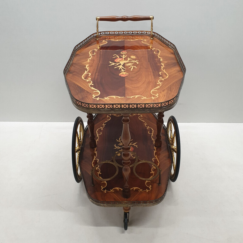 Vintage Italian brass trolley with wooden inlay, 1950