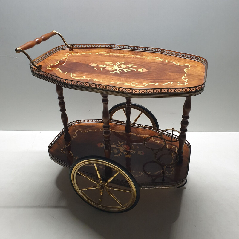 Vintage Italian brass trolley with wooden inlay, 1950