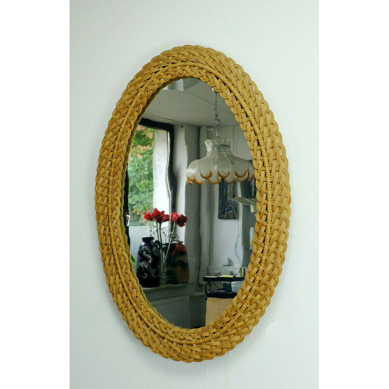 large oval mid century WALL MIRROR braided rattan frame 1950s french italian riviera chic