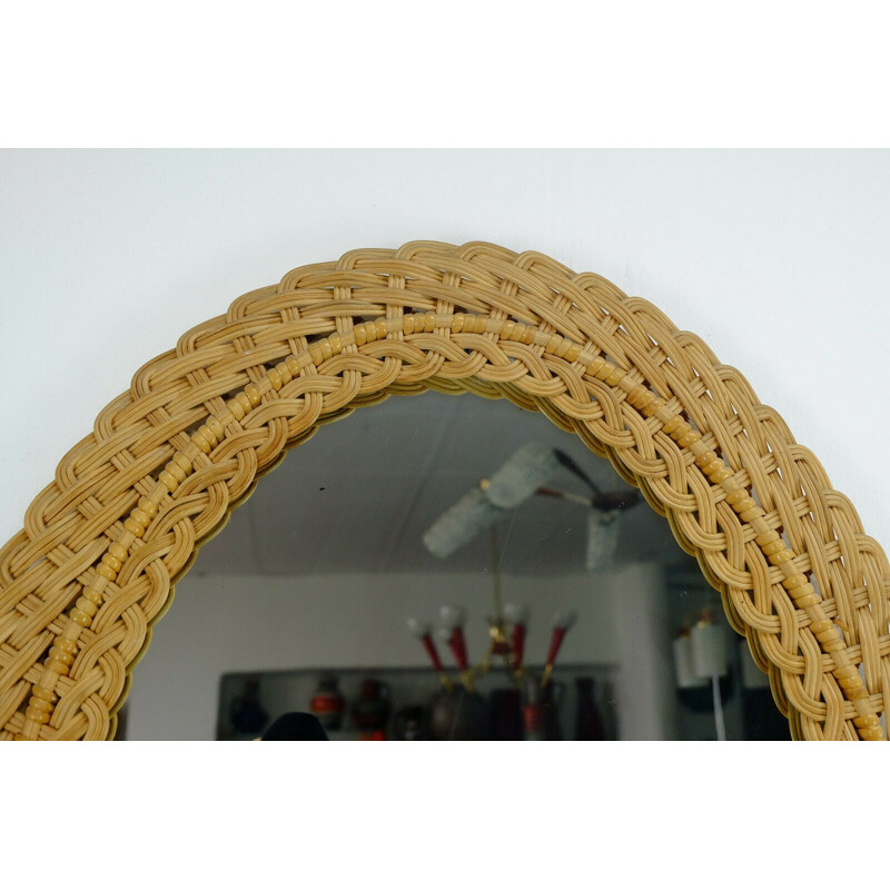 Vintage large oval wall mirror braided rattan frame 1950
