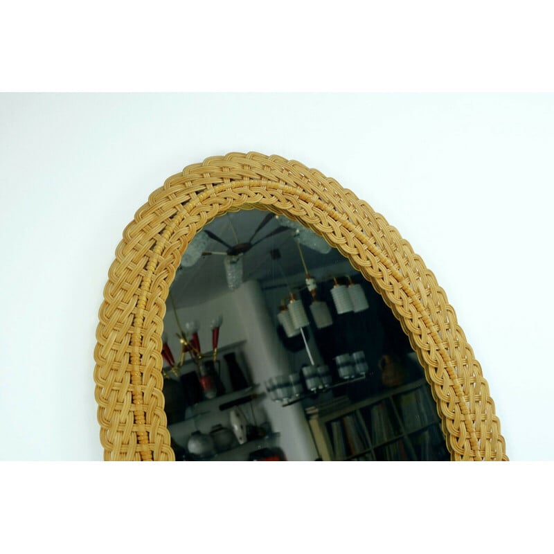 Vintage large oval wall mirror braided rattan frame 1950