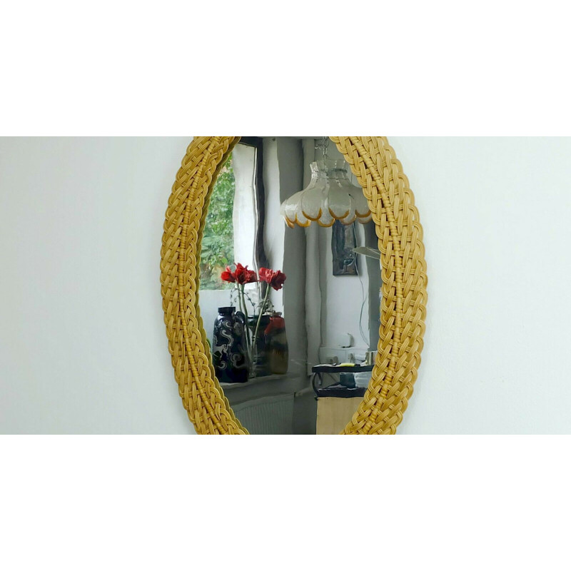 Vintage large oval wall mirror braided rattan frame 1950