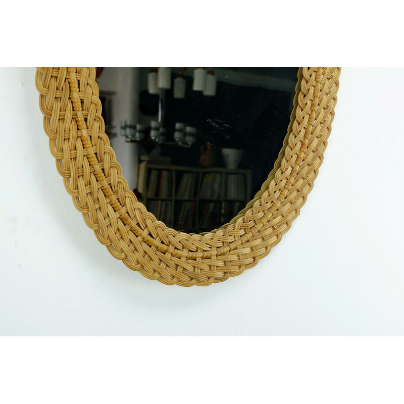 Vintage large oval wall mirror braided rattan frame 1950