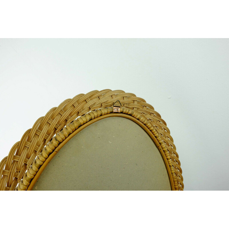 Vintage large oval wall mirror braided rattan frame 1950