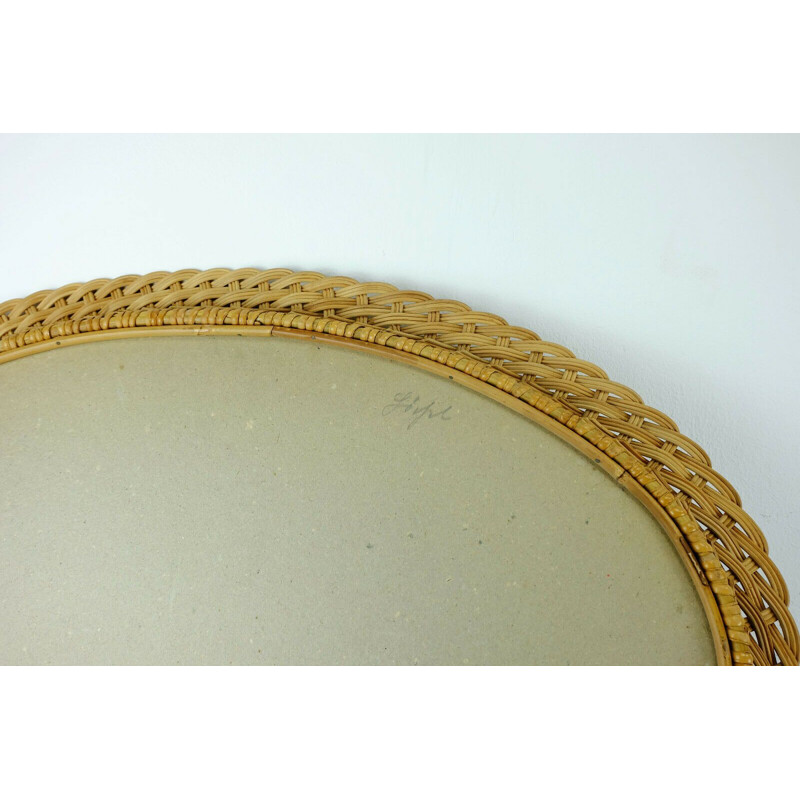 Vintage large oval wall mirror braided rattan frame 1950