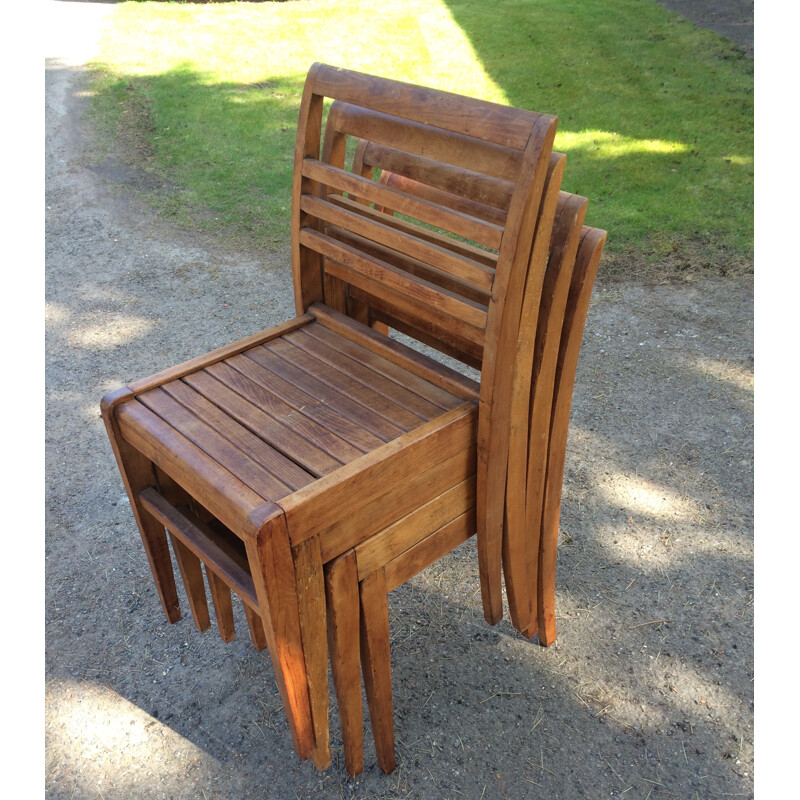 Set of 4 stackable chairs in beech, René GABRIEL - 1950s