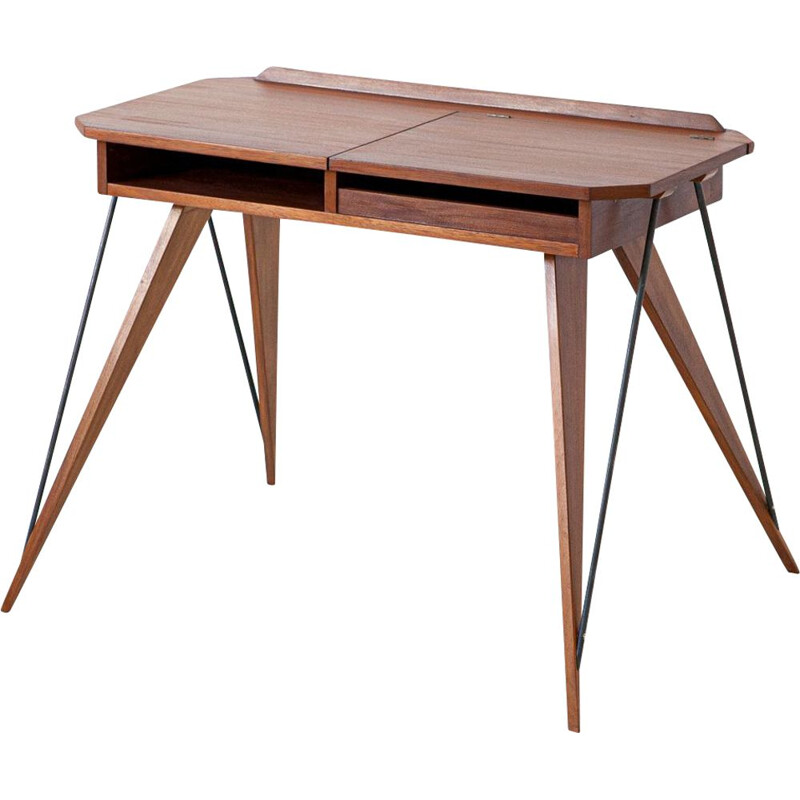 Fully Restored Italian Teak and Beech Desk Table, 1950s