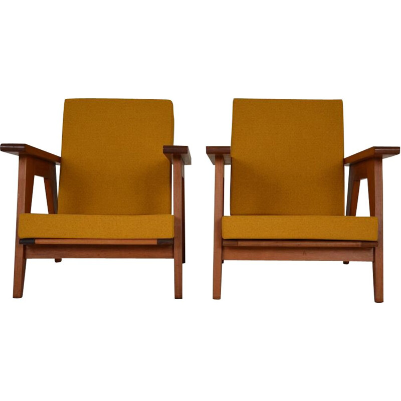 Pair of vintage brown solid wood armchairs, 1960