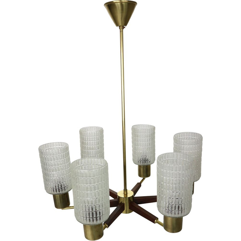 Danish Mid-Century Modern Chandelier in Teak, Brass, Cut Glass, 1960s