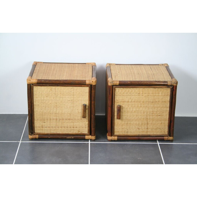 Pair of vintage rattan bedside tables, 1970s