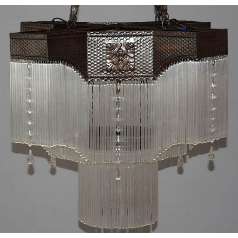 Vintage Large Art deco Glass Chandelier, 1930s