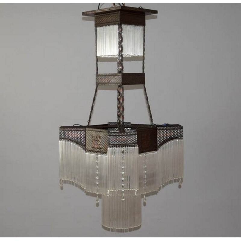 Vintage Large Art deco Glass Chandelier, 1930s