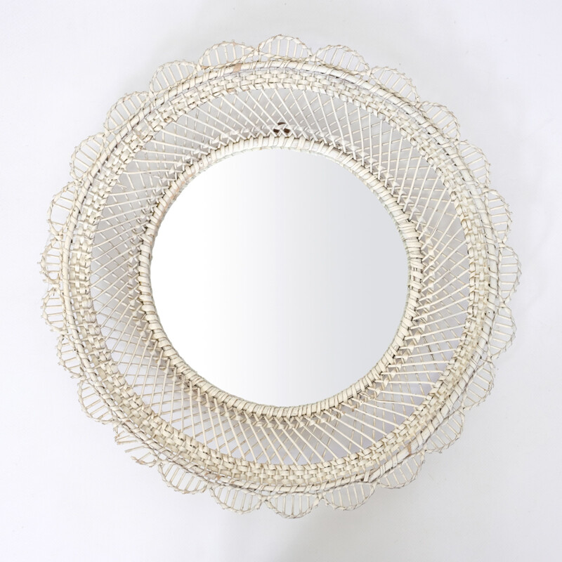 Miroir vintage en rotin blanc, 1960-70
