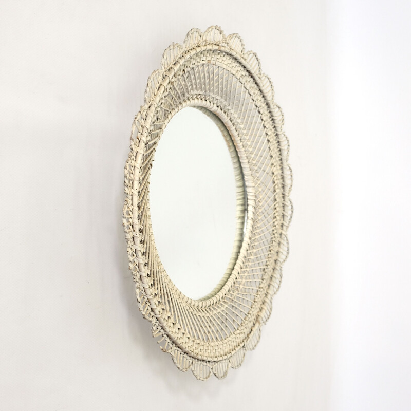 Miroir vintage en rotin blanc, 1960-70