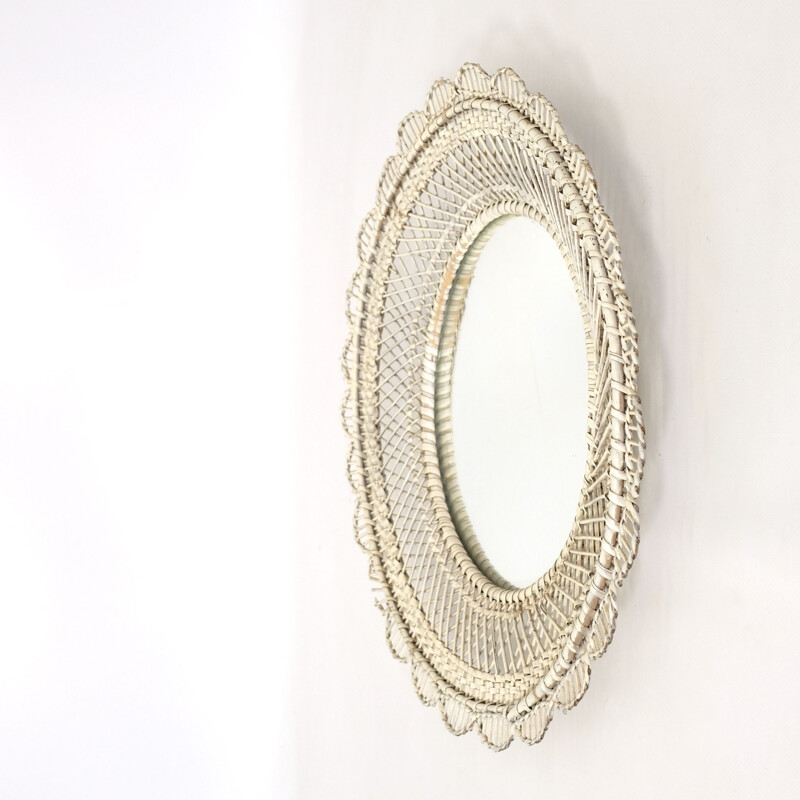 Vintage mirror in white rattan, 1960-70s