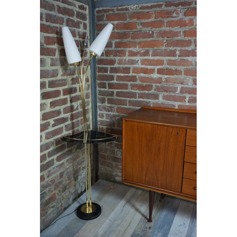 Vintage brass and white opaline floor lamp by Maison Lunel, 1950s