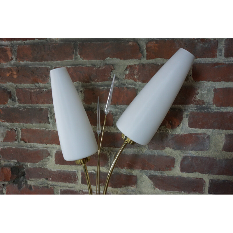 Vintage brass and white opaline floor lamp by Maison Lunel, 1950s