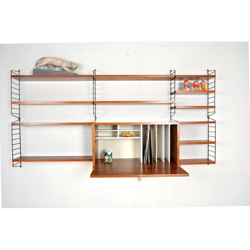 Scandinavian wall-mounted modular shelf system and desk by Nisse Strinning, 1960