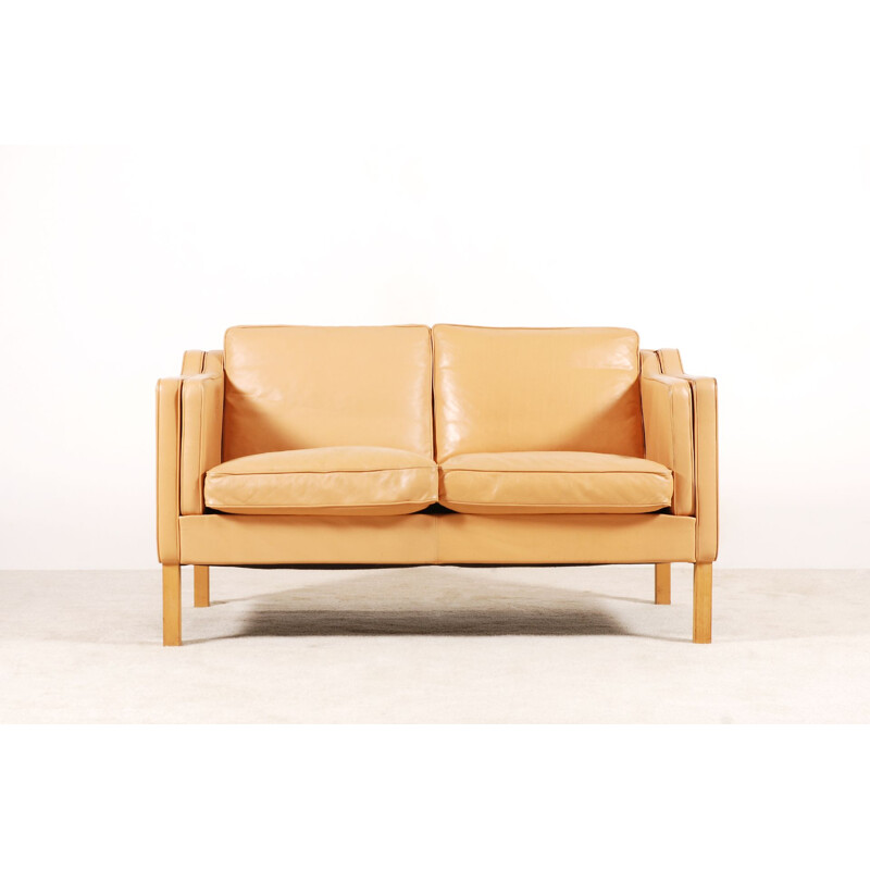 Scandinavian 2-seater vintage sofa in beige leather 1960