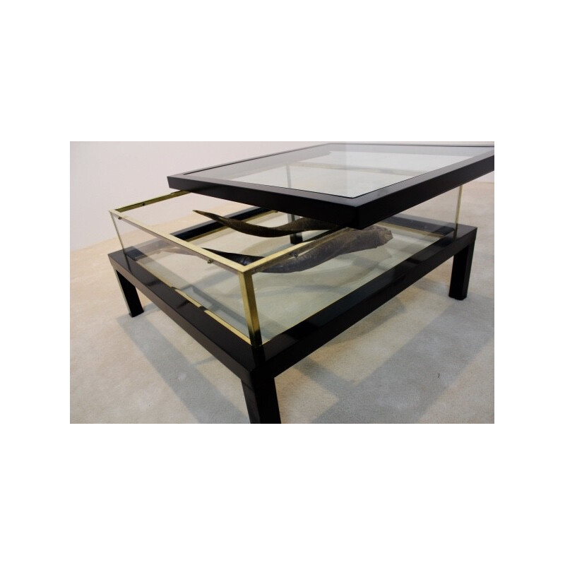 Vintage coffee table with sliding brass and glass top, 1970